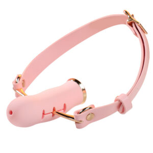 BDSM Silicone Ball Gag with Tongue Depressor Ring – Adjustable PU Leather Strap Open Mouth Gag, Gold Hardware Bondage Restraint Sex Toy for Couples